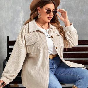 SHEIN Curve Beige Corduroy Button Down Shacket Coat pockets 4X